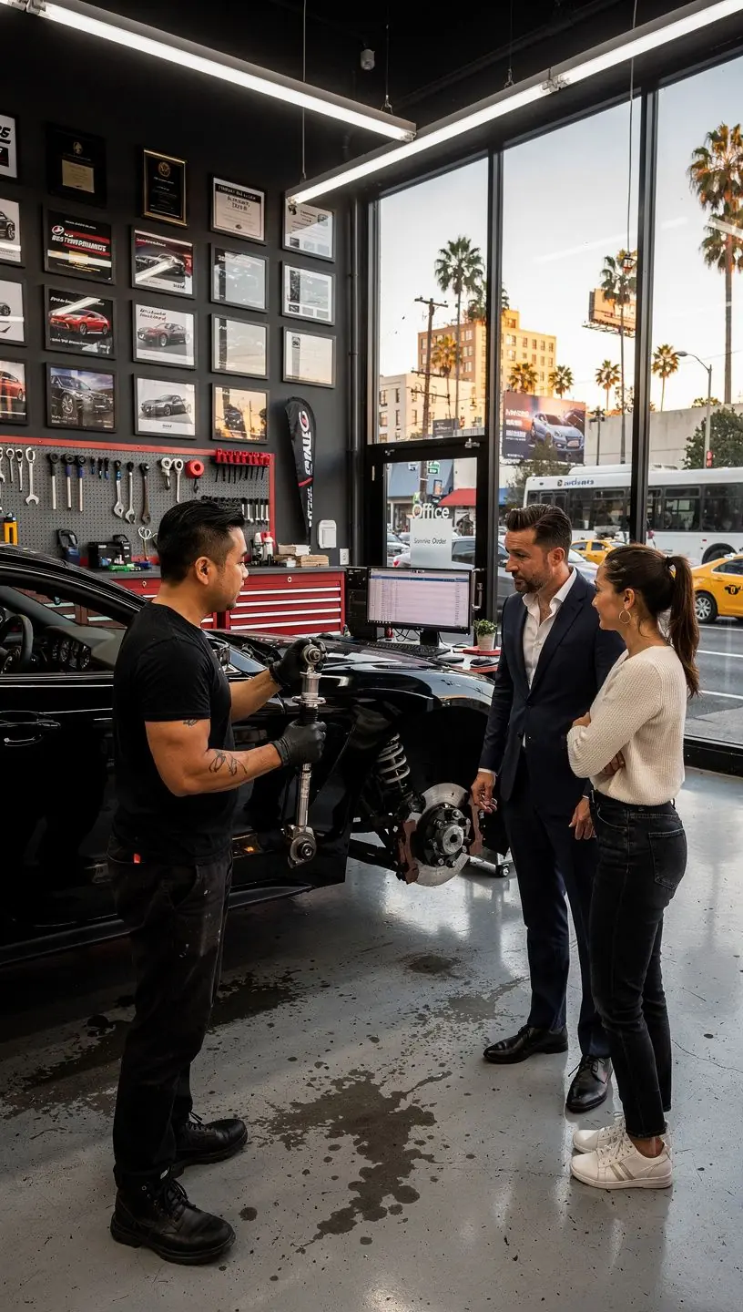 Experienced mechanic adjusting suspension alignment on a luxury vehicle using specialized equipment