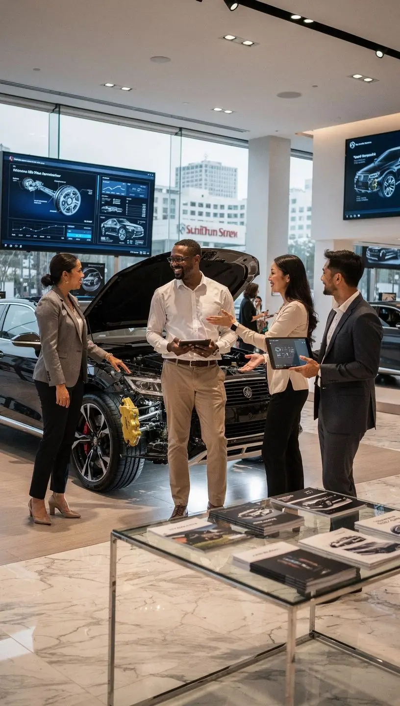 Professional consultation between technician and client discussing brake and suspension enhancements for a high-end vehicle
